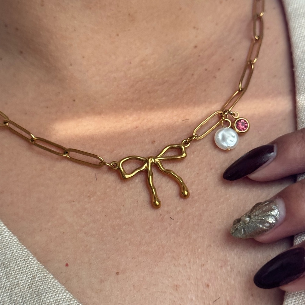 Gold Bow Necklace with Pearl and Pink Charm